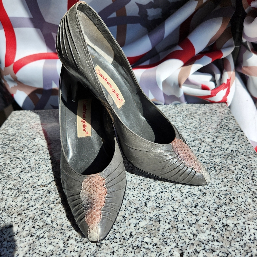 Andrew Geller Vintage Grey Genuine Snakeskin Heels Shoes Size 7-1/2B